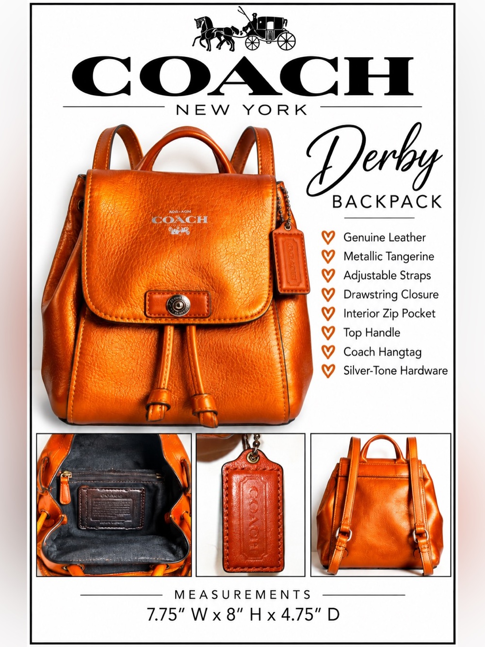 Coach Derby F16605 Metallic Tangerine Leather Mini Backpack Crossbody